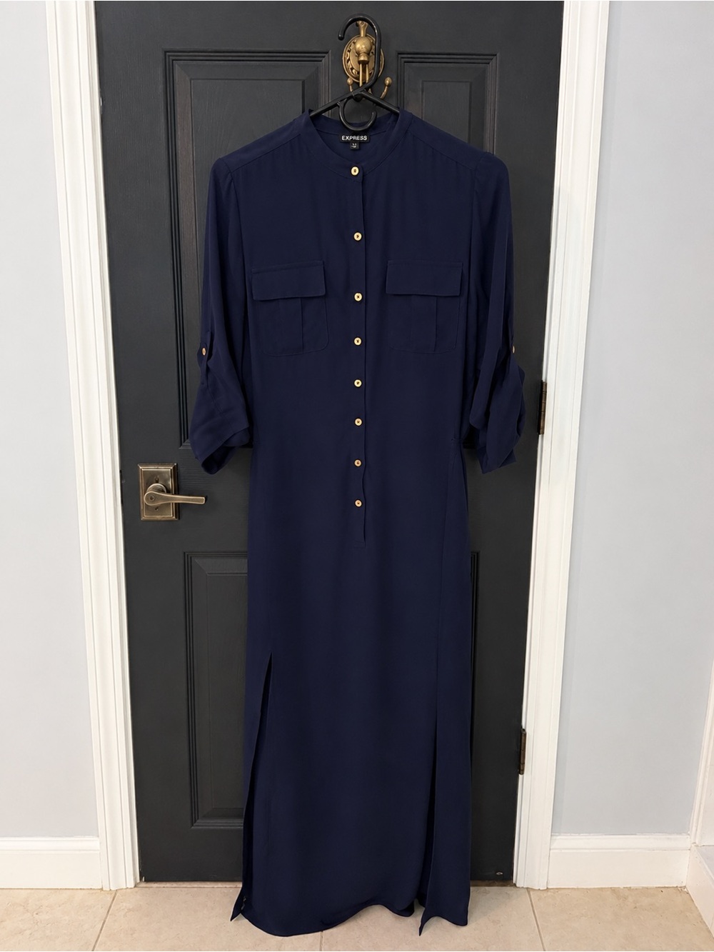 Express Navy Maxi Shirt Dress with Gold Buttons